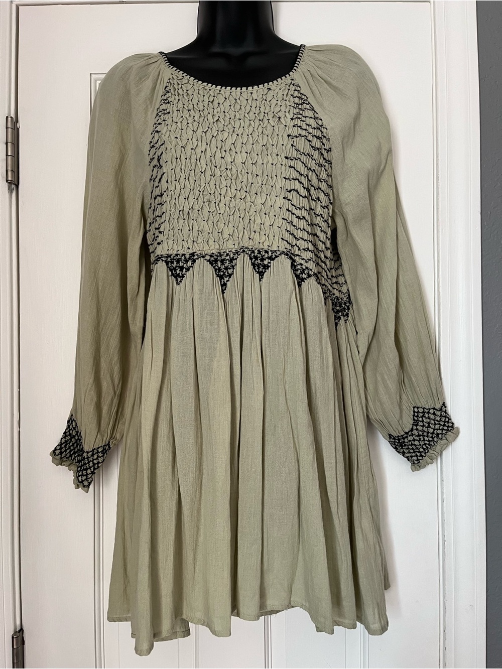Free People Sage & Black Smocked Long-Sleeve Dress